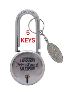 Foora Foora PrimeGuard Round 65mm Lock Long Hardened Shackle Padlock Metal Body Double Locking 8 Steel Lever 5 Silver Keys with Keychain Silver Finsih Made in India Export in USA Canada  - Image 1