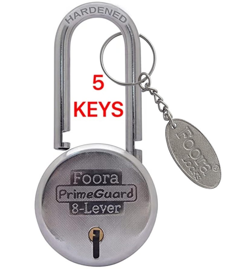 Foora PrimeGuard Round 65mm Lock Long Hardened Shackle Padlock Metal Body Double Locking 8 Steel Lever 5 Silver Keys with Keychain Silver Finsih Made in India Export in USA Canada