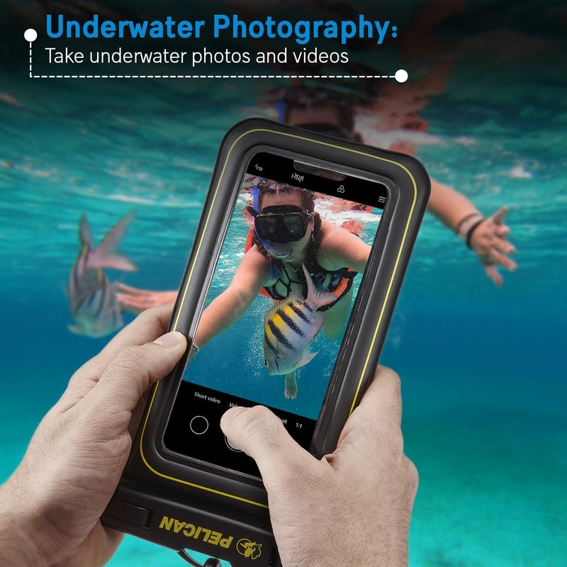 Pelican Marine - IP68 Waterproof Phone Pouch (Regular Size) Floating Waterproof Phone Case - Beach Cruise Ship Travel Essentials - Works with All Phones - Detachable Lanyard - Black/Hi-Vis Yellow - Image 4