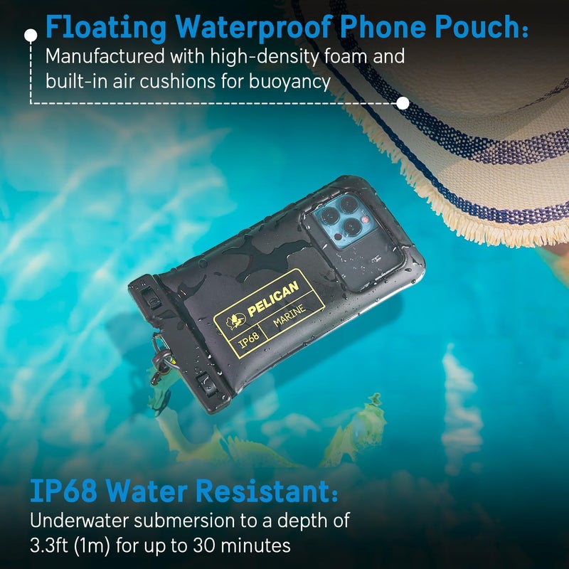 Pelican Marine - IP68 Waterproof Phone Pouch (Regular Size) Floating Waterproof Phone Case - Beach Cruise Ship Travel Essentials - Works with All Phones - Detachable Lanyard - Black/Hi-Vis Yellow - Image 2