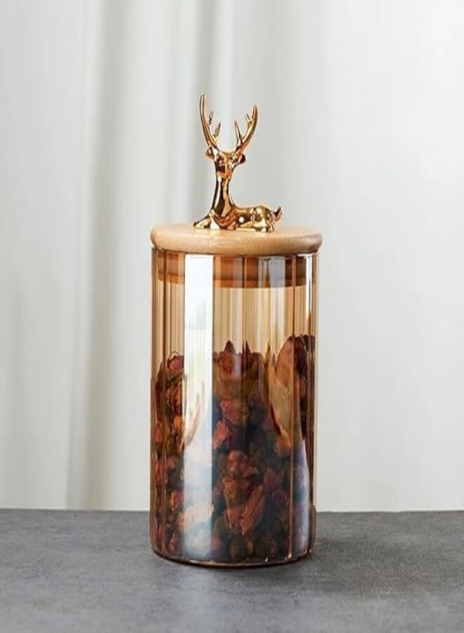 With Deer Bamboo Lids, Clear Amber Glass Food Jars with Airtight Lid, Kitchen Storage Containers for Candy, Rice, Cookie, Pasta, Cereal (630ml)