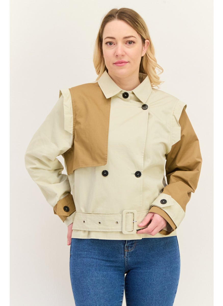 Unique21 - Women Two Tone Cropped Jacket Shirt, Beige - Image 1
