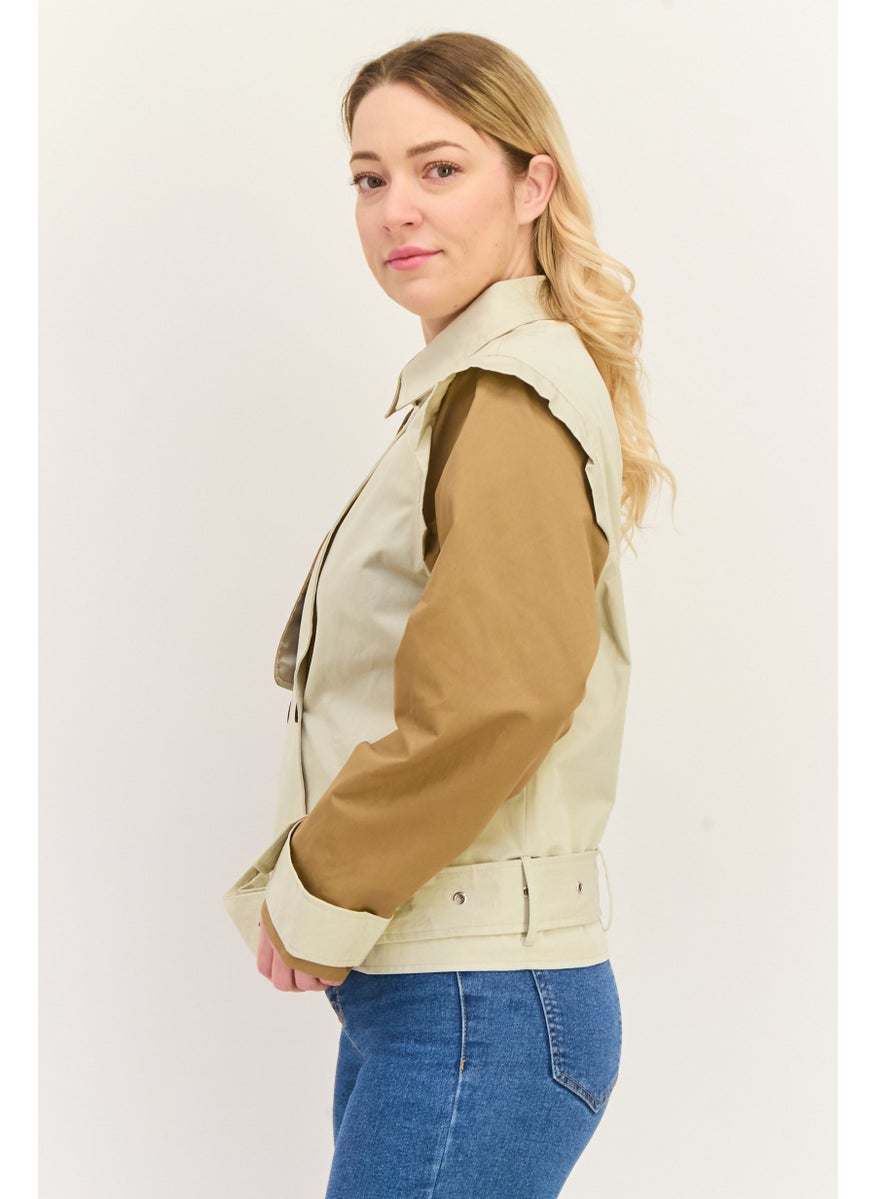 Unique21 - Women Two Tone Cropped Jacket Shirt, Beige - Image 1