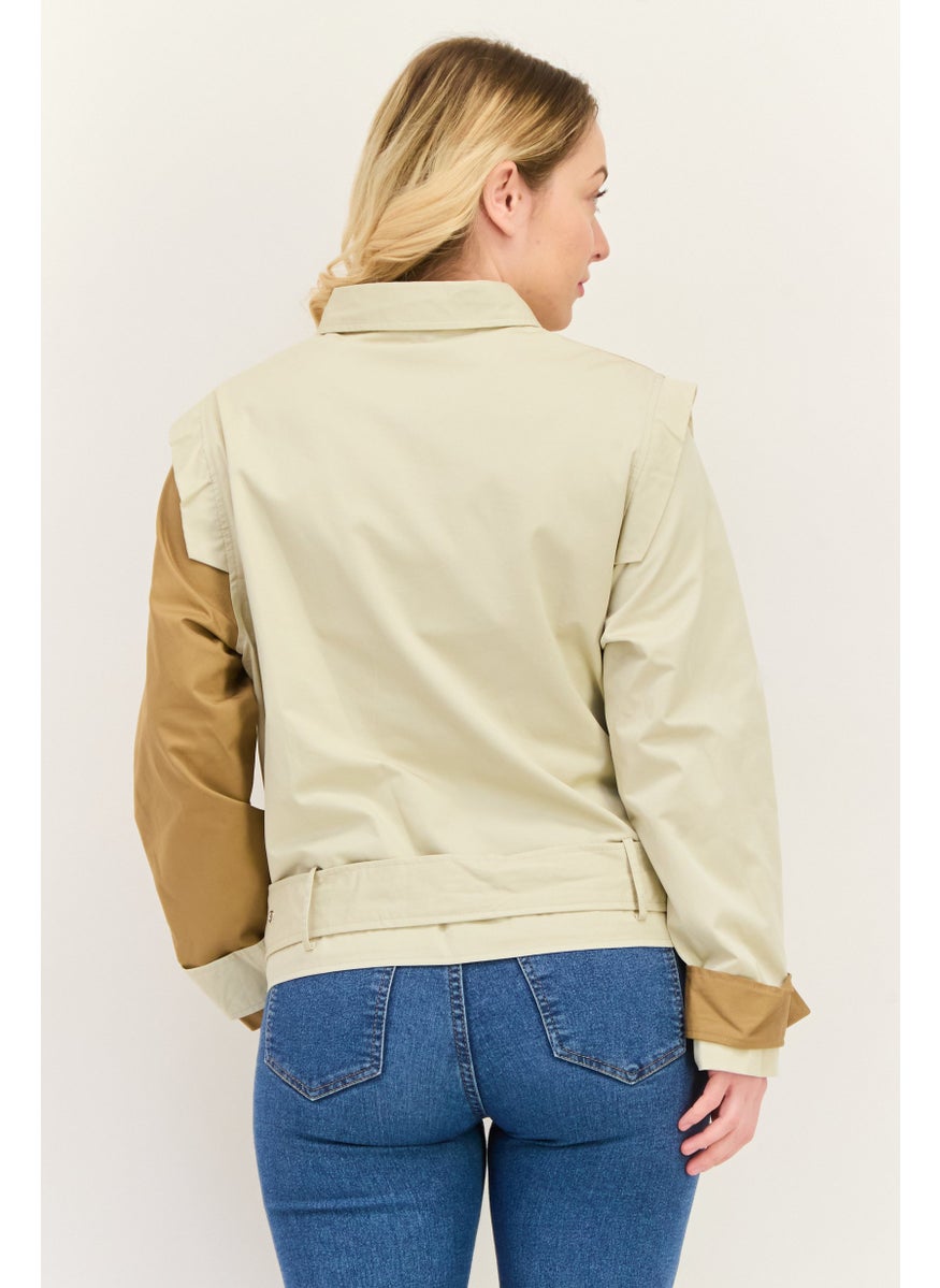 Unique21 - Women Two Tone Cropped Jacket Shirt, Beige - Image 1