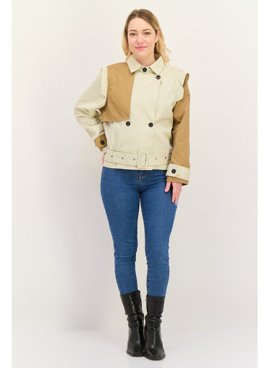Unique21 - Women Two Tone Cropped Jacket Shirt, Beige - Image 1
