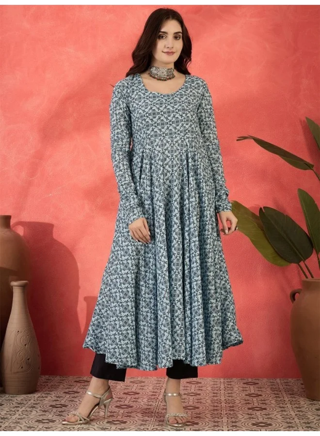 AKS Icy Blue Mughal print Muslin Anarkali Suit with printed dupatta