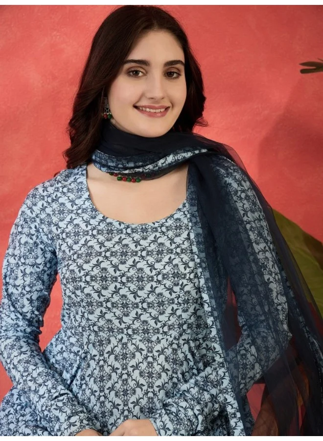 AKS Icy Blue Mughal print Muslin Anarkali Suit with printed dupatta
