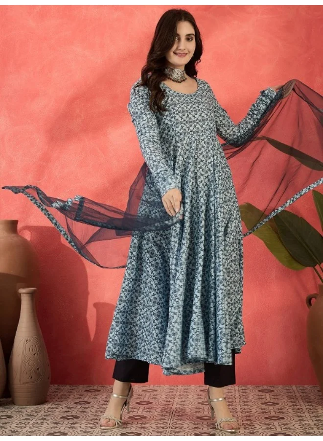 AKS Icy Blue Mughal print Muslin Anarkali Suit with printed dupatta