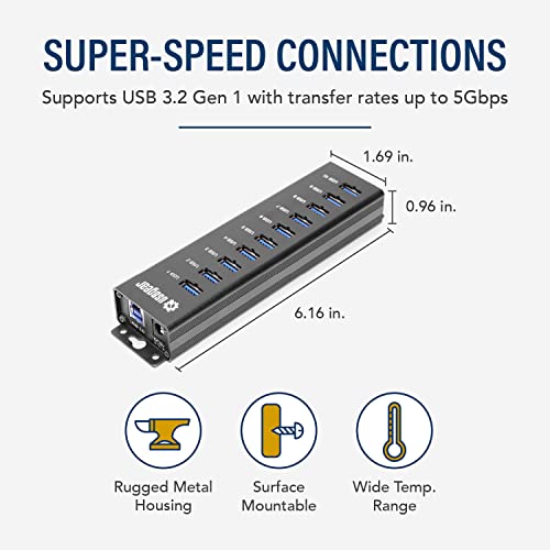 USBGear 10-Port USB 3.2 Gen 1 Mountable Charging and SuperSpeed Data Hub with 5V/4A Power Adapter and USB Type-A to Type-B Cable Up to 900mA per Port Charging Function Wall and Surface Mounting - Image 3