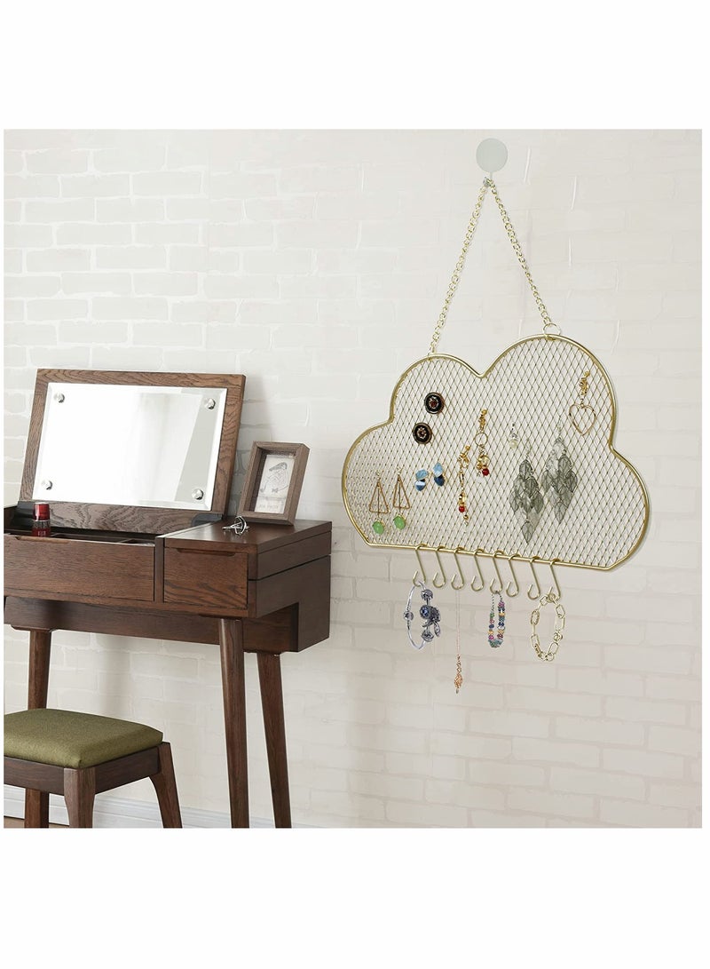KASTWAVE Hanging Wall, Wall Jewelry Rack, Hanging Earring Holder, Hanging Jewelry Organizer Display, Grid, Golden, Cloud-Shaped, Bracelet Necklace and Ring Organizer, with 8 Hooks - Image 5