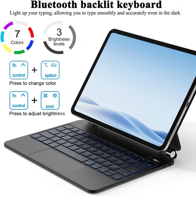 QPHWHFQ 【Arabic English】Magic Keyboard for iPad Pro 11" M5/M4 (2025/2024), Keyboard Case iPad Pro 11" M5/M4 with Floating Magnetic Stand, Multi-Touch Trackpad, 7 Colors Backlit Keys, Black - Image 3