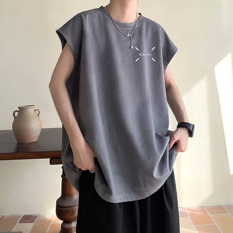 Suede Student Purple Vest Mens Summer Fashion Brand American-style Heavy-weight Sleeveless T-shirt Loose Sports Waistcoat Clothes White - Image 2