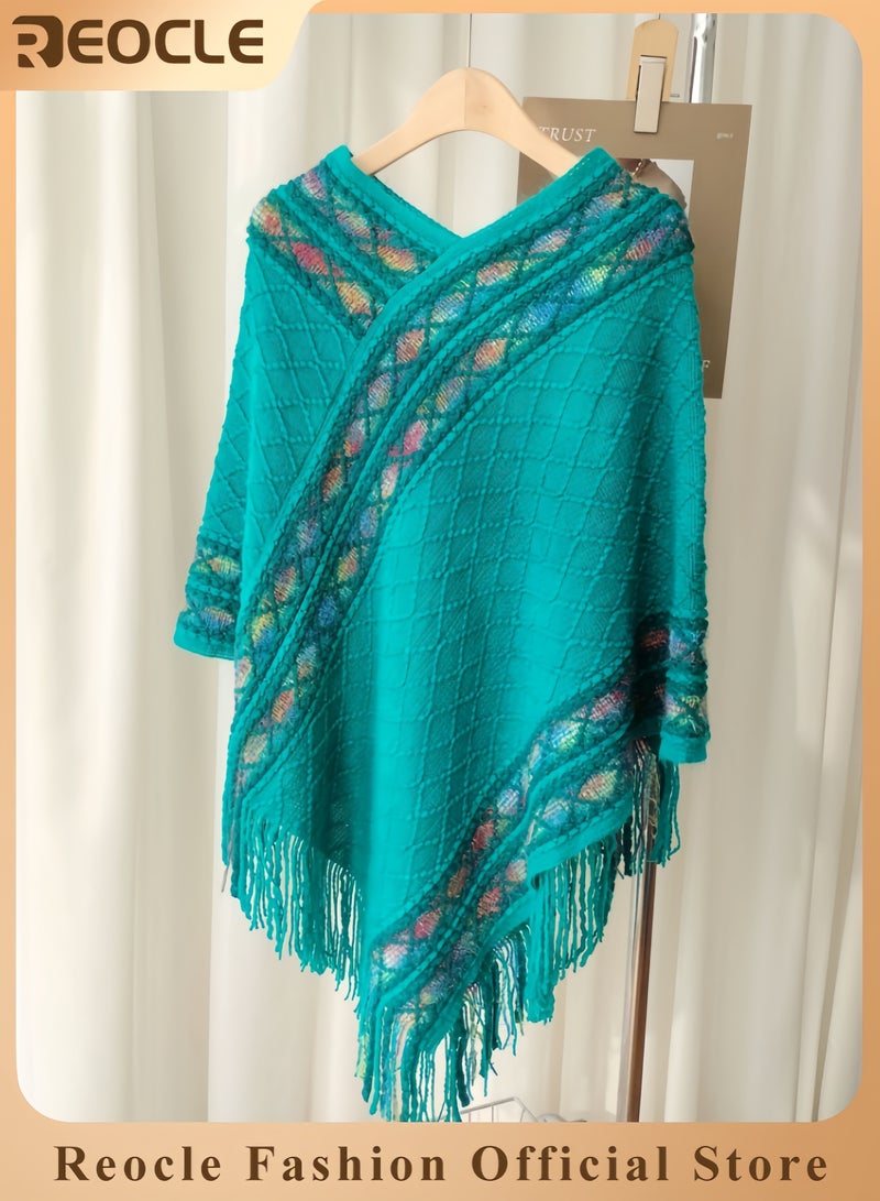 ريوكل شال نسائي يلتف حول الجسم، كيب للسفر دافئ، بونشو يلف، كارديغان مع شراشيب، كنزة برقبة على شكل V - Image 1