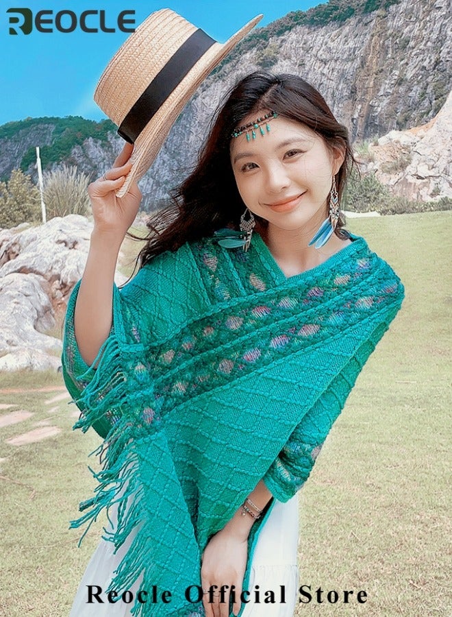 ريوكل شال نسائي يلتف حول الجسم، كيب للسفر دافئ، بونشو يلف، كارديغان مع شراشيب، كنزة برقبة على شكل V - Image 3