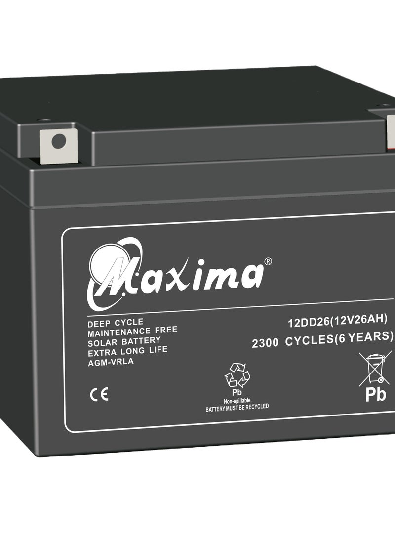 Maxima Solar AGM Battery 26Ah, Rechargeable Battery, Maintenance Free With High Performance AGM Technology, 12V/26Ah Deep Cycle AGM Battery