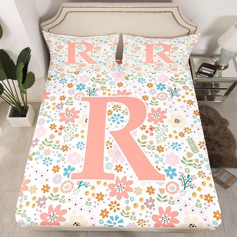 Erosebridal Initial R Letter Bed Sheets Set King Size for Kids Teens Adults,Cute Pink Flowers Sheet Set,Farmhouse Floral Sheets,Wildflower Flat Fitted Sheet with 2 Pillowcases Deep Pockets - Image 3