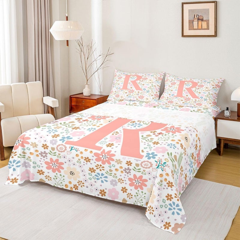 Erosebridal Initial R Letter Bed Sheets Set King Size for Kids Teens Adults,Cute Pink Flowers Sheet Set,Farmhouse Floral Sheets,Wildflower Flat Fitted Sheet with 2 Pillowcases Deep Pockets - Image 2