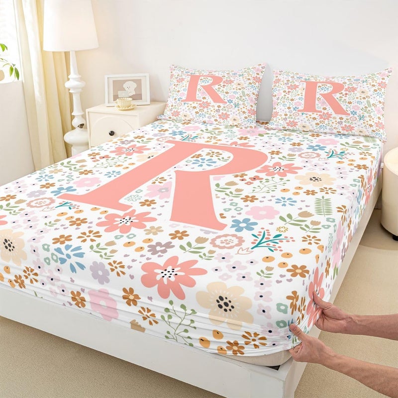 Erosebridal Initial R Letter Bed Sheets Set King Size for Kids Teens Adults,Cute Pink Flowers Sheet Set,Farmhouse Floral Sheets,Wildflower Flat Fitted Sheet with 2 Pillowcases Deep Pockets - Image 4