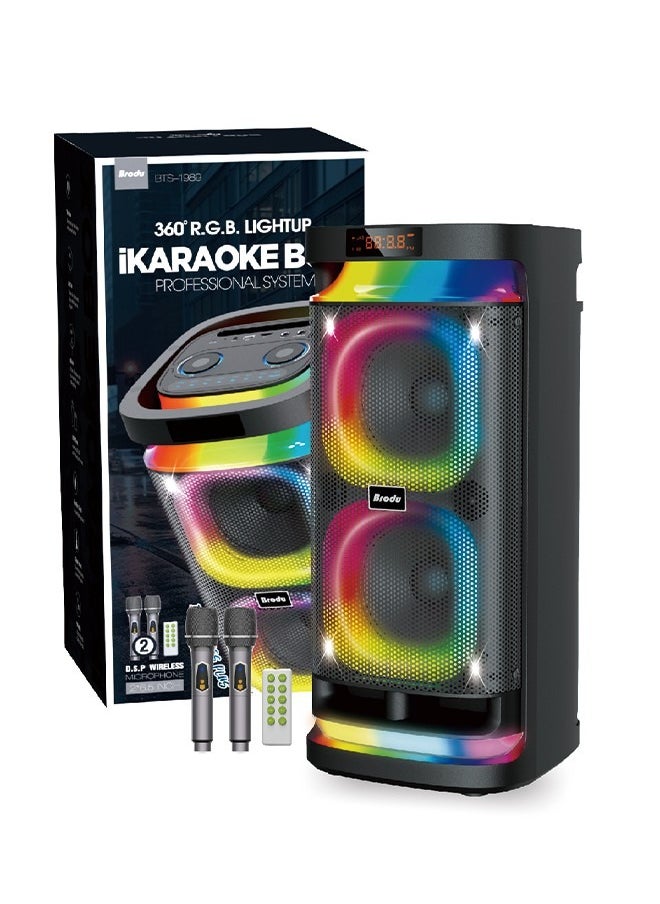 Brodu - Party Speaker with 2 Microphones,Wireless Bluetooth Speaker with Remote Control, RGB Lighting, Dual 6.5''-inch Speakers, TF/TWS/Professional Karaoke Support, USB Charging, 3000mAh Large Battery Black - Image 1