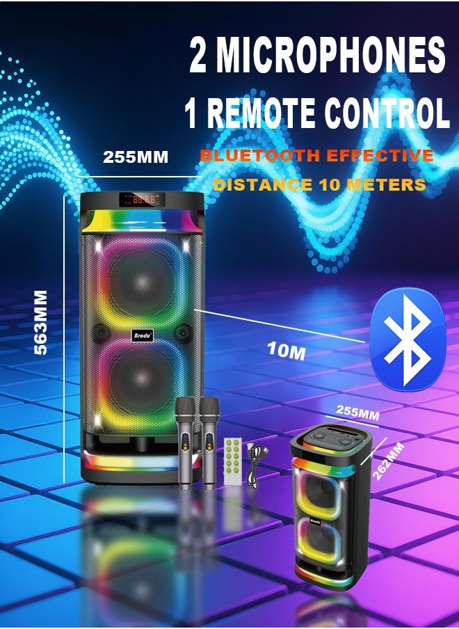 Brodu - Party Speaker with 2 Microphones,Wireless Bluetooth Speaker with Remote Control, RGB Lighting, Dual 6.5''-inch Speakers, TF/TWS/Professional Karaoke Support, USB Charging, 3000mAh Large Battery Black - Image 1