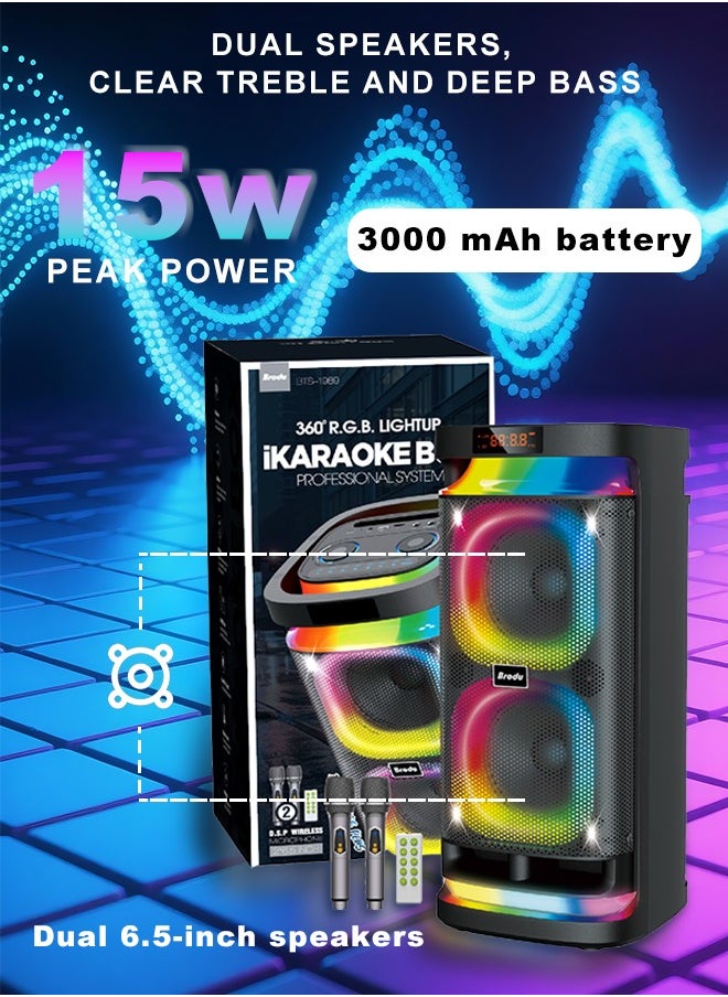 Brodu - Party Speaker with 2 Microphones,Wireless Bluetooth Speaker with Remote Control, RGB Lighting, Dual 6.5''-inch Speakers, TF/TWS/Professional Karaoke Support, USB Charging, 3000mAh Large Battery Black - Image 1