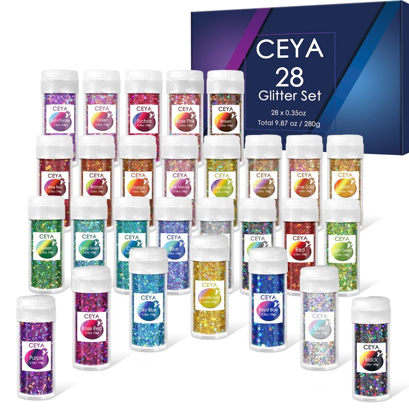 Ceya Holographic Chunky Glitter Set 28 Colors 987oz280g Craft Glitter Powder Mixed Chunky Fine Sparkle Flakes Each 15ml Iridescent Nail Sequins for Epoxy Resin Nail Art Tumbler Slime Festival Decor