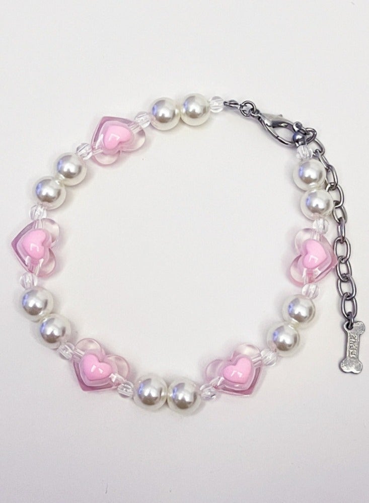 Generic Cat Pearl Collar with Pink Love Beads Necklace, Adjustable Beaded Dog Collars,Delicate Cat Wedding Collar Jewelry for Girl Cat Accessories - Image 1