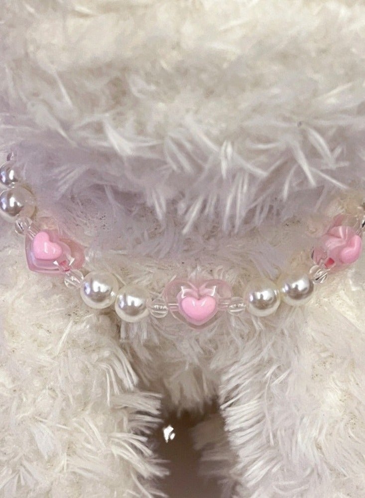 Generic Cat Pearl Collar with Pink Love Beads Necklace, Adjustable Beaded Dog Collars,Delicate Cat Wedding Collar Jewelry for Girl Cat Accessories - Image 4