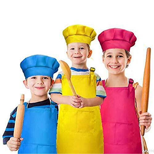 Tamicy 10 Pieces Kids Chef Hat and Apron Set - Child Kitchen Bib Aprons with Pockets Girls Boys Chef Hats for Cooking Baking Gardening Painting Wear (Rose Red,Green,Blue,Orange,Purple) - Image 3