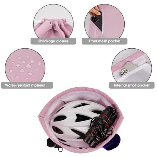 WANDF Drawstring Backpack Sports Gym Sackpack with Mesh Pockets Water Resistant String Bag for Women Men(Pink) - Image 3