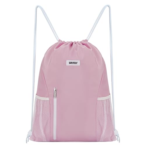 WANDF Drawstring Backpack Sports Gym Sackpack with Mesh Pockets Water Resistant String Bag for Women Men(Pink) - Image 1