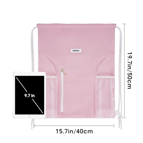 WANDF Drawstring Backpack Sports Gym Sackpack with Mesh Pockets Water Resistant String Bag for Women Men(Pink) - Image 5