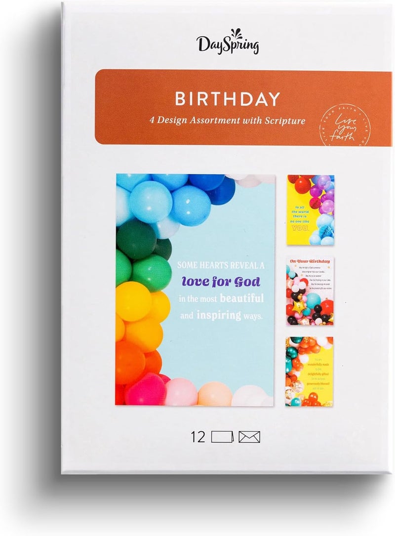 DaySpring  Birthday Balloons  4 Balloon Designs Assortment with Scripture  12 Happy Birthday Boxed Cards  Envelopes U0057 - Image 1