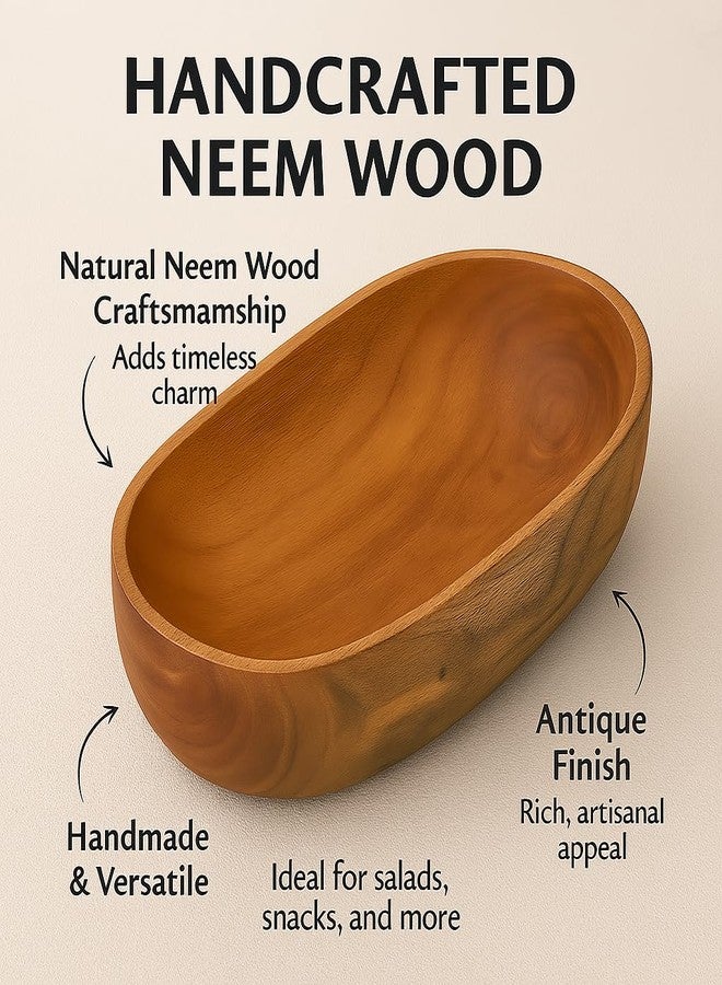 OGGN Wooden Oval Serving Bowl 8.5"x4" - Handcrafted Wooden Salad Bowl for Kitchen, Rustic Mixing Bowl, Natural Neem Soup Server, Antique Snack Dish, Organic Dinnerware, Farmhouse Cookware - Image 5