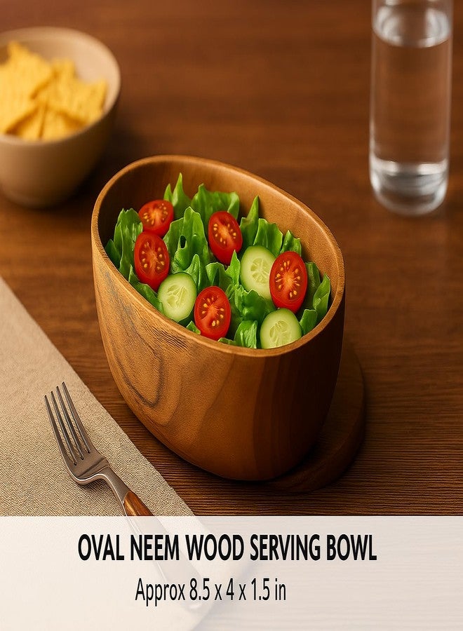 OGGN Wooden Oval Serving Bowl 8.5"x4" - Handcrafted Wooden Salad Bowl for Kitchen, Rustic Mixing Bowl, Natural Neem Soup Server, Antique Snack Dish, Organic Dinnerware, Farmhouse Cookware - Image 2