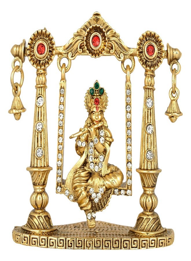 GCT Lord Krishna Idol on Jhula Bansuri Krishna Idol (B-100) Gold Metal Statue for Home Décor Car Dashboard Mandir Pooja Murti Temple Puja Office Table Showpiece - Image 1