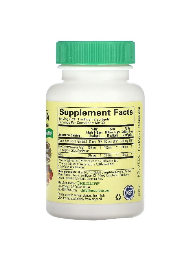 CHILDLIFE ESSENTIALS ChildLife Essentials, Algae DHA with Vitamin A & Lutein, Natural Berry, 60 Softgels  - Image 2