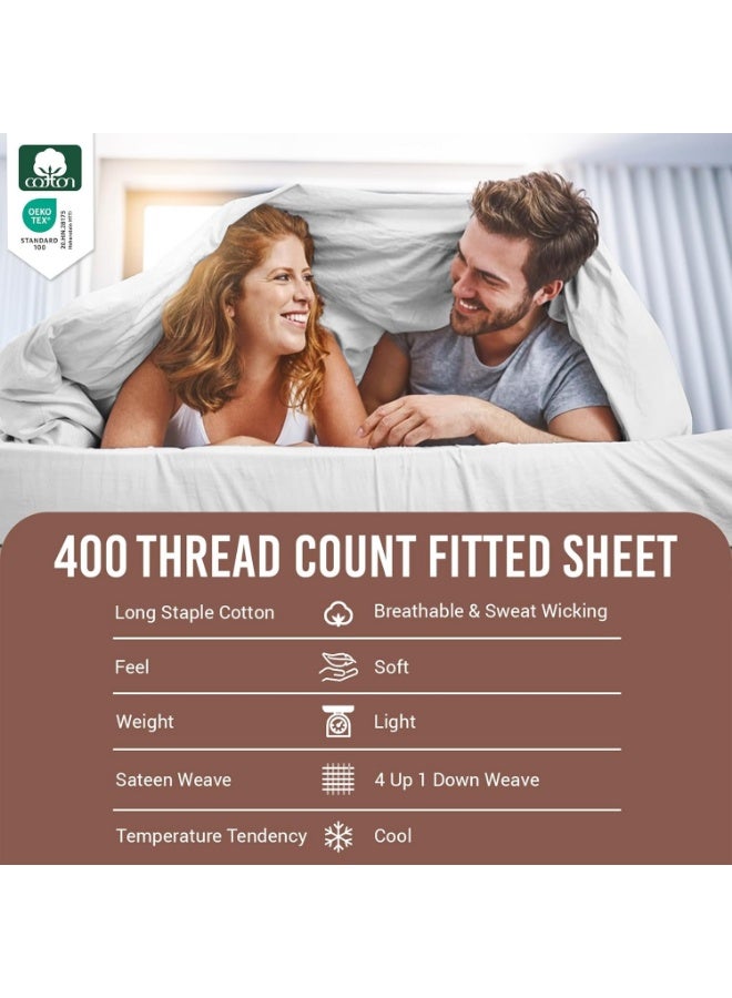 Pizuna Pure Combed Cotton King Fitted Sheet 180x200 cm White, 400 Thread Count Cool Luxury Soft 100% Long Staple Cotton Sateen Weave, 40cm Deep Pocket Bedsheet (Fitted Sheet -1PC) - Image 4