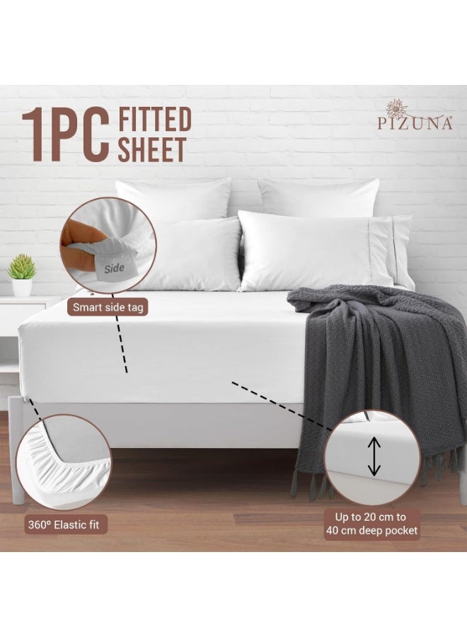 Pizuna Pure Combed Cotton King Fitted Sheet 180x200 cm White, 400 Thread Count Cool Luxury Soft 100% Long Staple Cotton Sateen Weave, 40cm Deep Pocket Bedsheet (Fitted Sheet -1PC) - Image 5