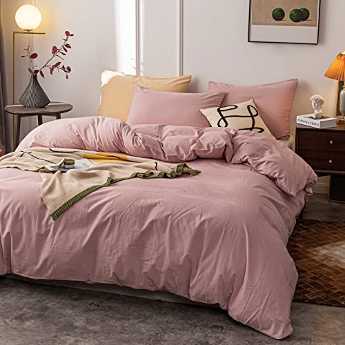 Janlive Washed Cotton Duvet Cover King Ultra Soft 100% Cotton Solid Color Dusty Pink Duvet Cover Set with Zipper Closure -3 Pieces Pink King - Image 2
