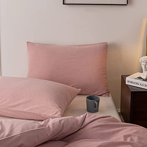 Janlive Washed Cotton Duvet Cover King Ultra Soft 100% Cotton Solid Color Dusty Pink Duvet Cover Set with Zipper Closure -3 Pieces Pink King - Image 5