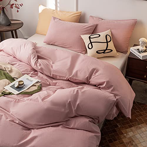 Janlive Washed Cotton Duvet Cover King Ultra Soft 100% Cotton Solid Color Dusty Pink Duvet Cover Set with Zipper Closure -3 Pieces Pink King - Image 3