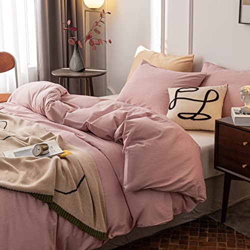 Janlive Washed Cotton Duvet Cover King Ultra Soft 100% Cotton Solid Color Dusty Pink Duvet Cover Set with Zipper Closure -3 Pieces Pink King - Image 4