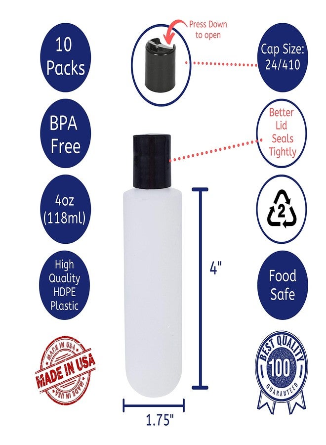 kelkaa 4oz HDPE Durable Squeezable Plastic Bottles with Black Press Disc Top Cap Natural Clear Container for Any Liquid Products, Multi-Purpose Empty Refillable Bottles (Pack of 10) - Image 2