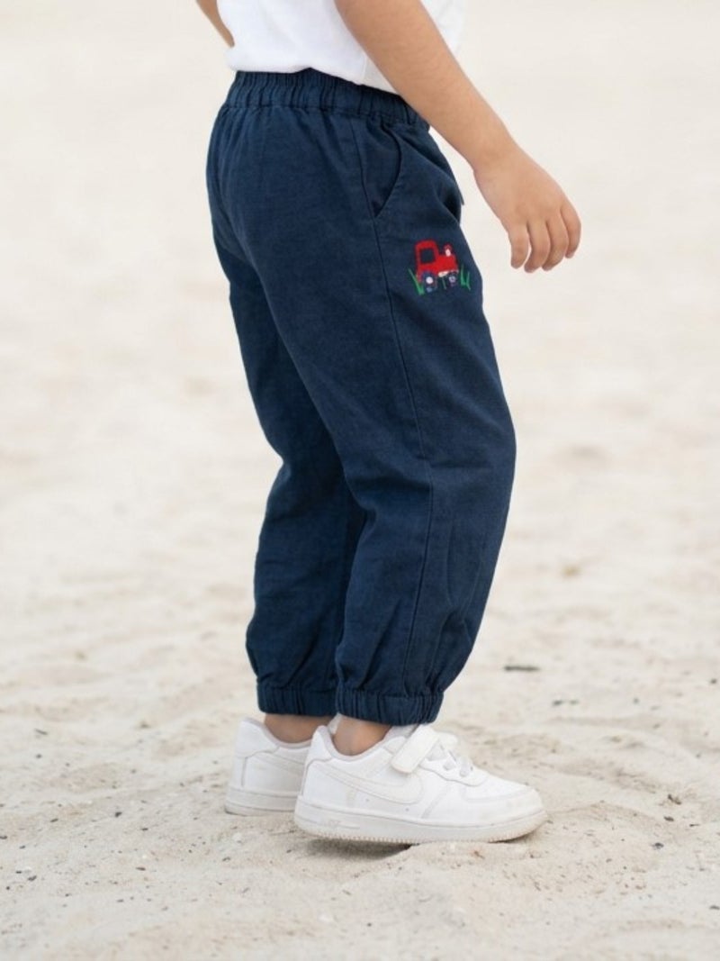 Pranava Unisex Chambray Pants with Truck Embroidery - Blue - Image 3