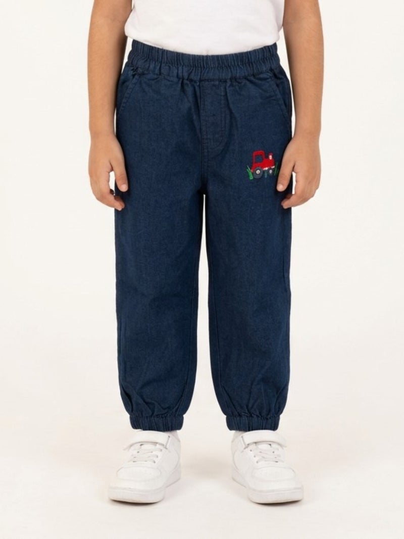 Pranava Unisex Chambray Pants with Truck Embroidery - Blue - Image 1