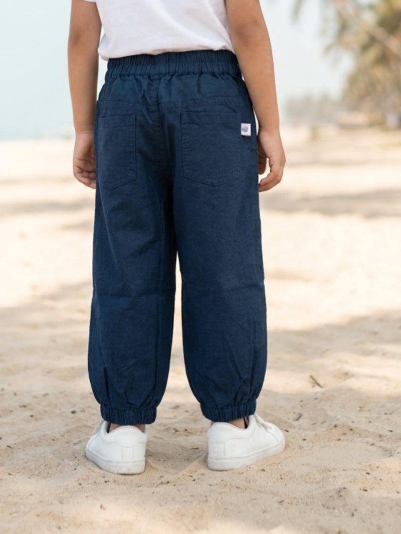 Pranava Unisex Chambray Pants with Truck Embroidery - Blue - Image 2