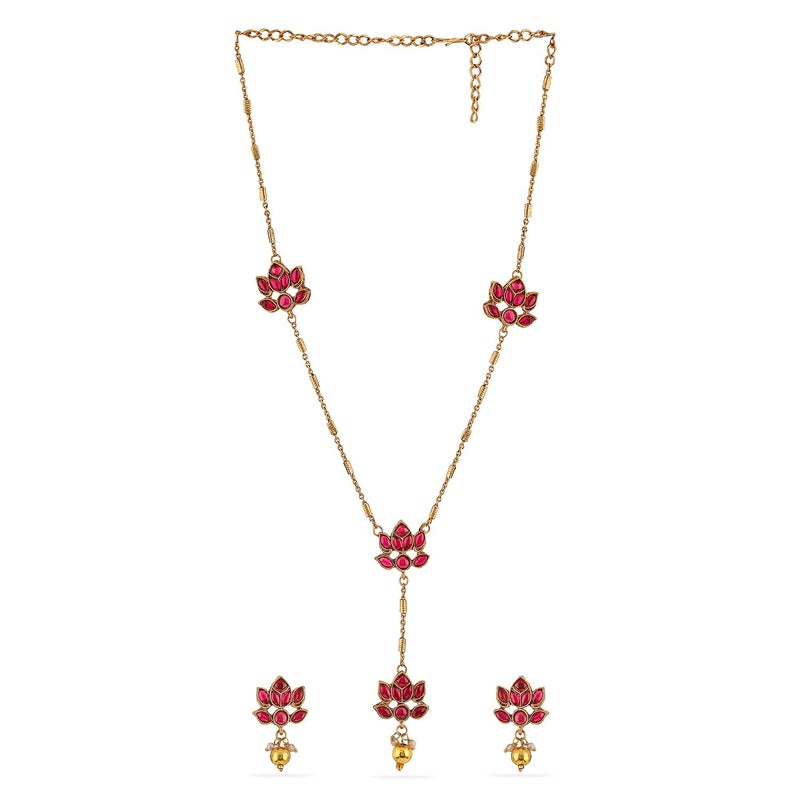 Rubans 22K Gold Plated Ruby Pink Studded Layered Lotus Motif Necklace Set - Ideal for Weddings, Parties & Special Occasions - Image 5