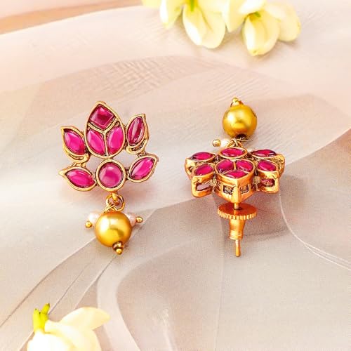 Rubans 22K Gold Plated Ruby Pink Studded Layered Lotus Motif Necklace Set - Ideal for Weddings, Parties & Special Occasions - Image 2