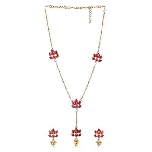 Rubans 22K Gold Plated Ruby Pink Studded Layered Lotus Motif Necklace Set - Ideal for Weddings, Parties & Special Occasions - Image 1
